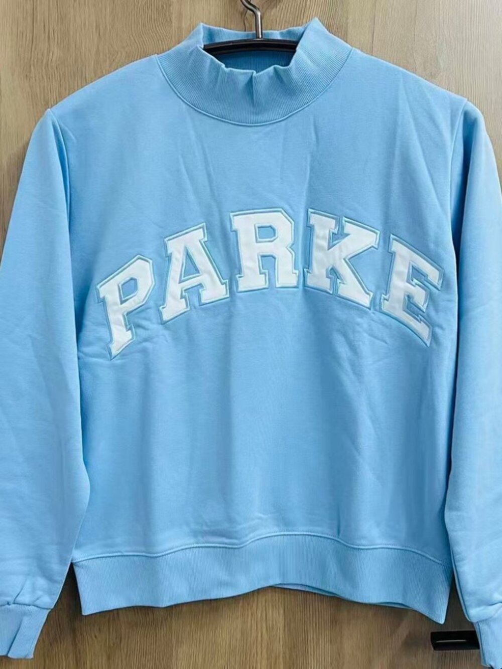 PARKE Light Blue Mock Neck Varsity Logo Sweatshirt L/XL